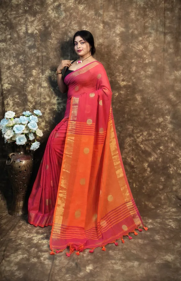 Pink_and_Orange_Handloom_Premium_Quality_Pure_Cotton_Soft_Saree_For_Women_With_Running_Blouse_Piece