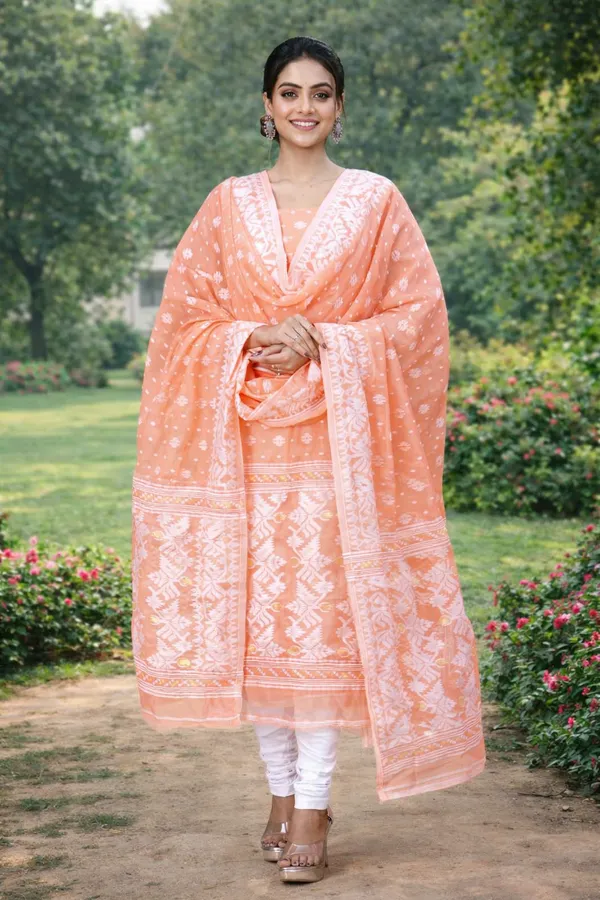 Light_Orange_and_White_Handloom_Dhakai_Jamdani_Unstitched_Silk_Suit_With_Dupatta