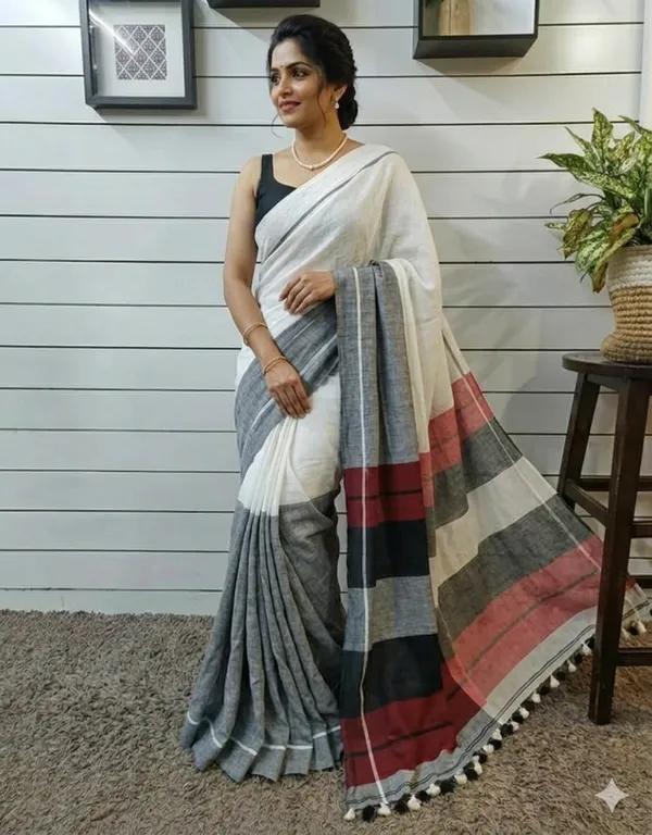 White_and_Gray_Authentic_Bengal_Handloom_Traditional_Cotton_Saree_For_Women_With_Blouse_Piece