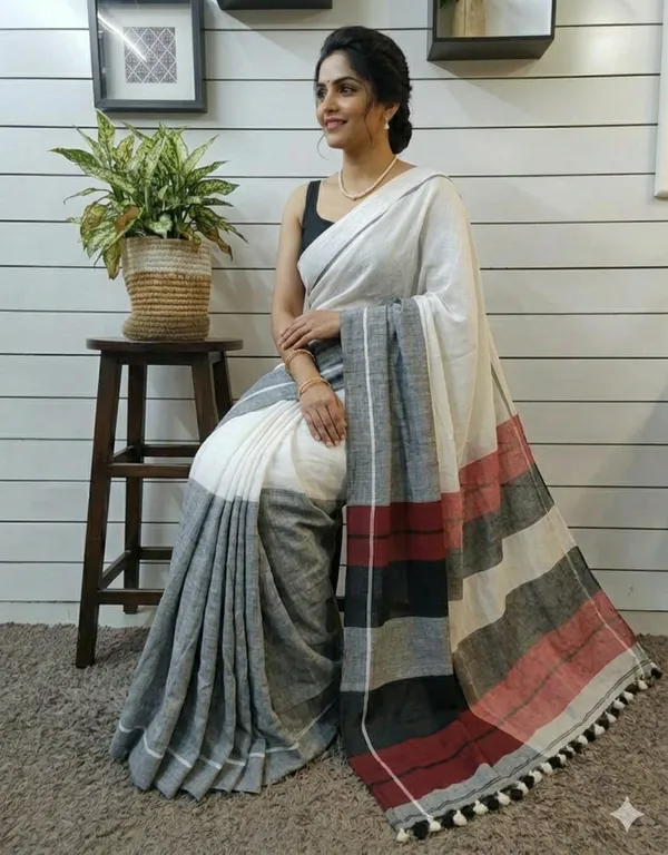 White_and_Gray_Authentic_Bengal_Handloom_Traditional_Cotton_Saree_For_Women_With_Blouse_Piece