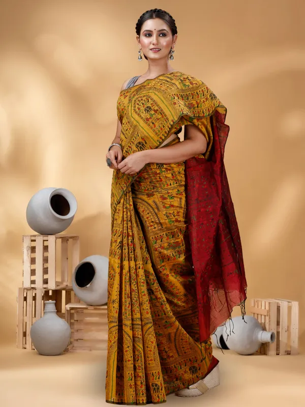 Goyel_Handloom_Premium_Quality_Cotton_Silk_Madhubani_Print_Soft_Saree_With_Blouse_Piece