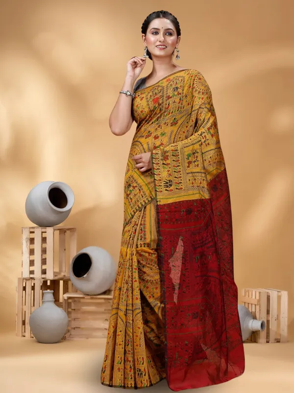 Goyel_Handloom_Premium_Quality_Cotton_Silk_Madhubani_Print_Soft_Saree_With_Blouse_Piece