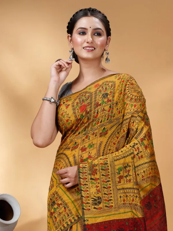 Goyel_Handloom_Premium_Quality_Cotton_Silk_Madhubani_Print_Soft_Saree_With_Blouse_Piece