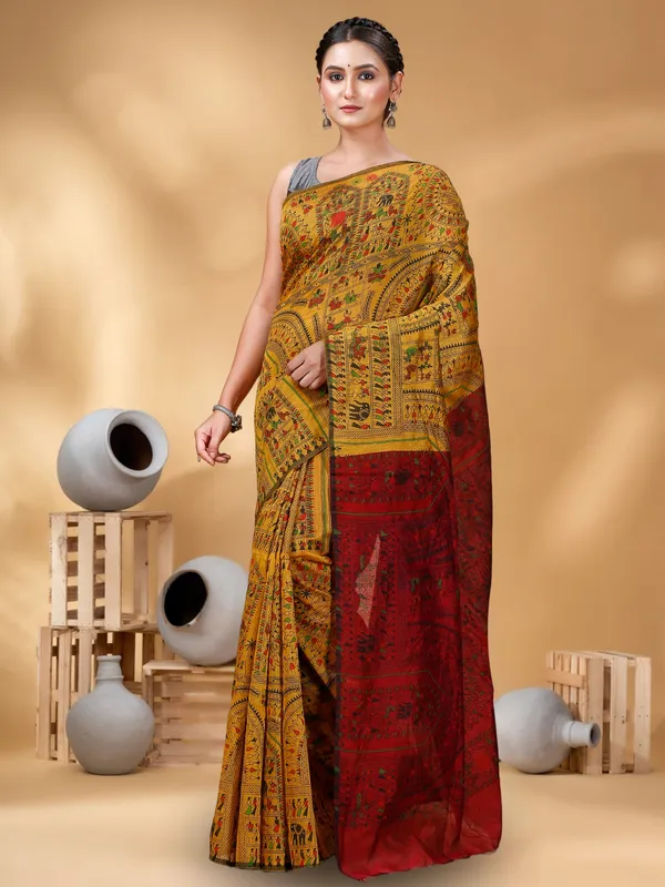 Goyel_Handloom_Premium_Quality_Cotton_Silk_Madhubani_Print_Soft_Saree_With_Blouse_Piece