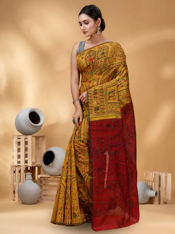 Goyel_Handloom_Premium_Quality_Cotton_Silk_Madhubani_Print_Soft_Saree_With_Blouse_Piece