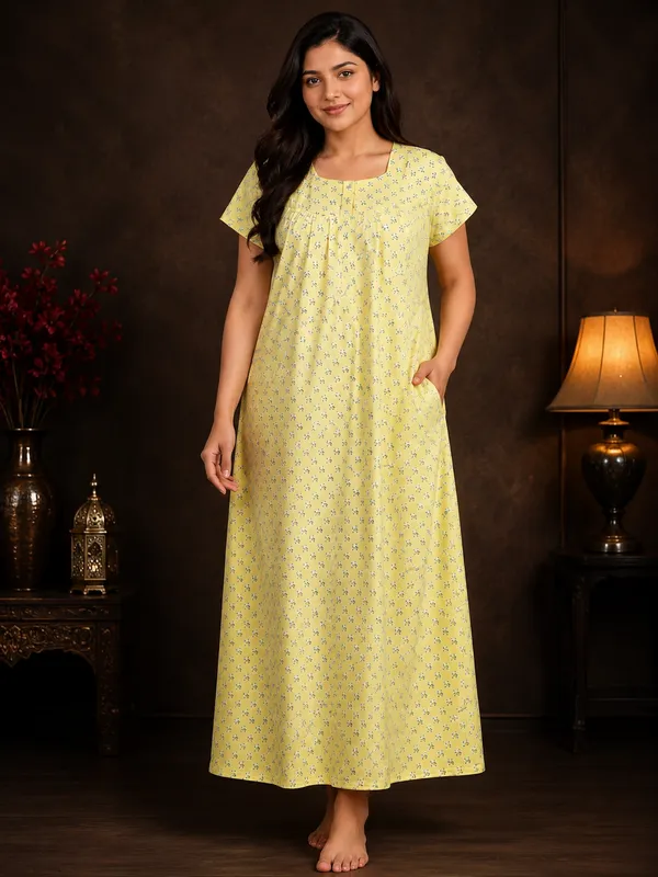Yellow_Women_Premium_Cotton_Floral_Printed_Nighty_|_Comfortable_Full-Length_Short_Sleeve_Nightdress_|_Soft_&_Breathable_Cotton_Night_Gown_for_Daily_Wear