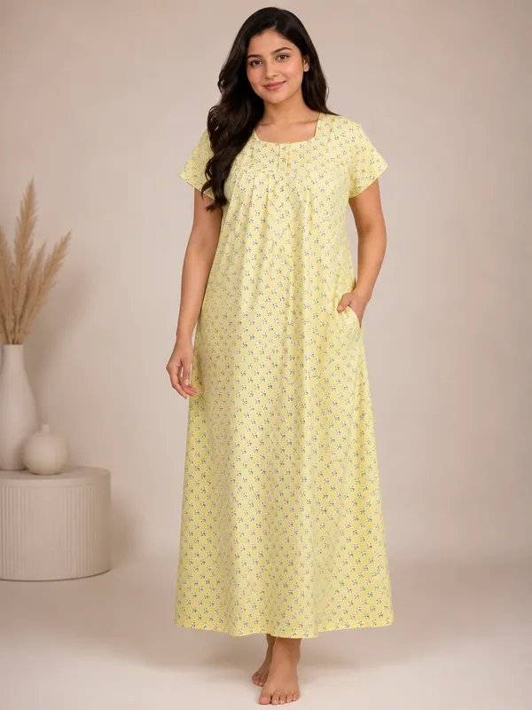 Yellow_Women_Premium_Cotton_Floral_Printed_Nighty_|_Comfortable_Full-Length_Short_Sleeve_Nightdress_|_Soft_&_Breathable_Cotton_Night_Gown_for_Daily_Wear