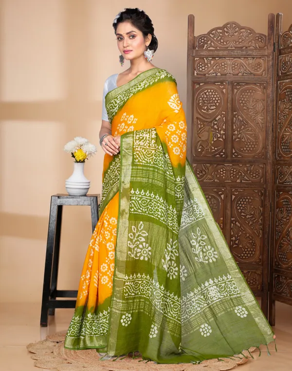 Yellow_And_Green_Linen_Batik_Print_Soft_Saree_With_Blouse_Pcs