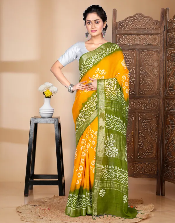 Yellow_And_Green_Linen_Batik_Print_Soft_Saree_With_Blouse_Pcs