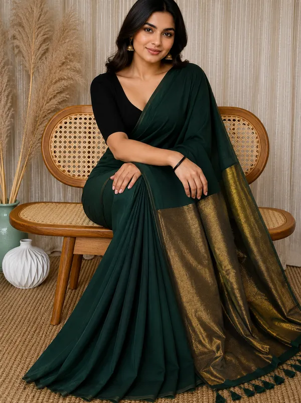 Deep_Green_Handloom_Premium_Cotton_Saree_with_Elegant_Contrast_Pallu_&_Tassels_With_Blouse_Piece