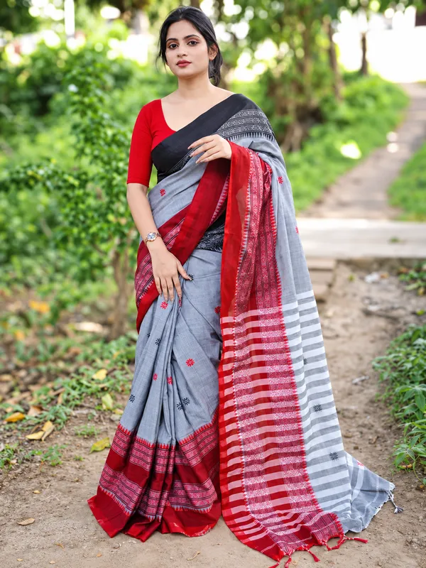 Puja_Special_Gray_and_Red_Handloom_Premium_Khadi_Pure_Cotton_Saree_with_Running_Blouse_Piece