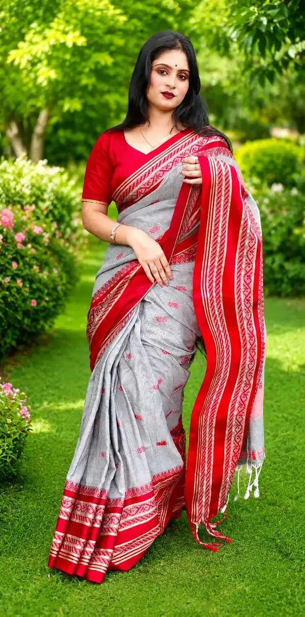 Gray_and_Red_Handloom_Premium_Quality_Pure_Cotton_Saree_For_Women_With_Running_Blouse_Piece