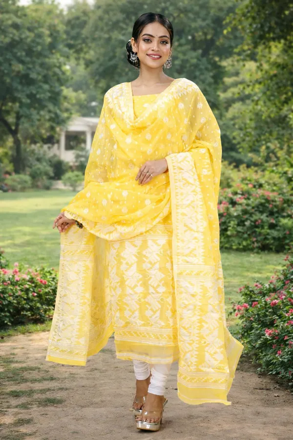 Light_Yellow_and_White_Handloom_Dhakai_Jamdani_Unstitched_Silk_Suit_With_Dupatta