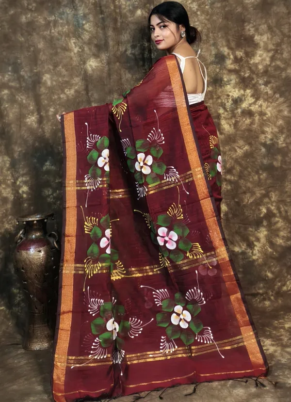 Maroon_Handloom_Premium_Quality_Handprint_Flower_Motifs_Women_Cotton_Silk_Saree_For_Women_With_Blouse_Piece