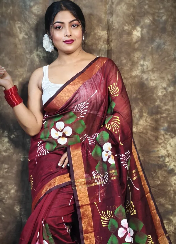 Maroon_Handloom_Premium_Quality_Handprint_Flower_Motifs_Women_Cotton_Silk_Saree_For_Women_With_Blouse_Piece