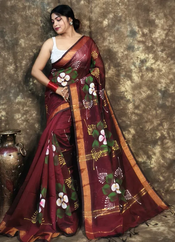 Maroon_Handloom_Premium_Quality_Handprint_Flower_Motifs_Women_Cotton_Silk_Saree_For_Women_With_Blouse_Piece