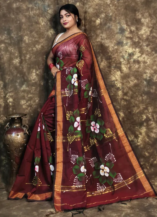 Maroon_Handloom_Premium_Quality_Handprint_Flower_Motifs_Women_Cotton_Silk_Saree_For_Women_With_Blouse_Piece