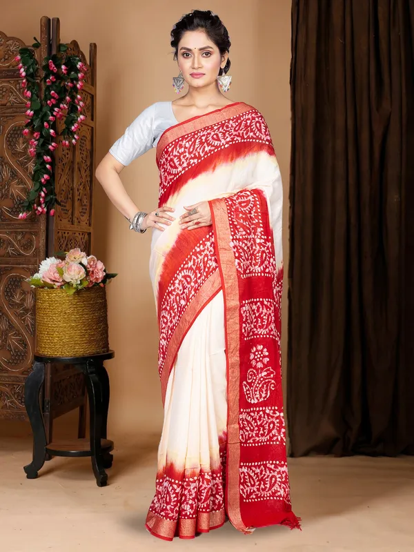 White_And_Red_Linen_Batik_Print_Soft_Saree_With_Blouse_Pcs