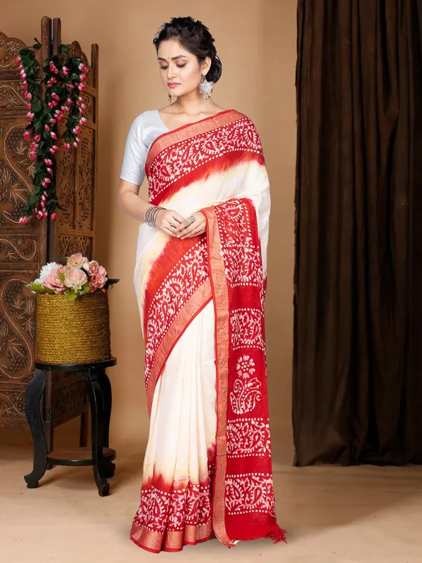 White_And_Red_Linen_Batik_Print_Soft_Saree_With_Blouse_Pcs