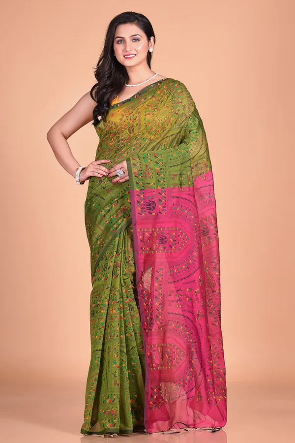 Pesta_And_Pink_Handloom_Cotton_Silk_Premium_Quality_Madhubani_Print_Soft_Saree