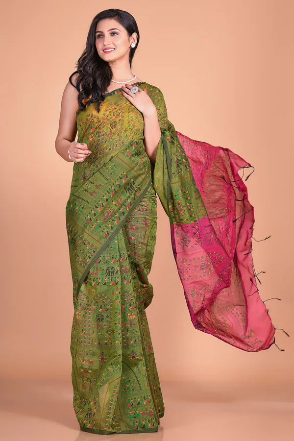 Pesta_And_Pink_Handloom_Cotton_Silk_Premium_Quality_Madhubani_Print_Soft_Saree
