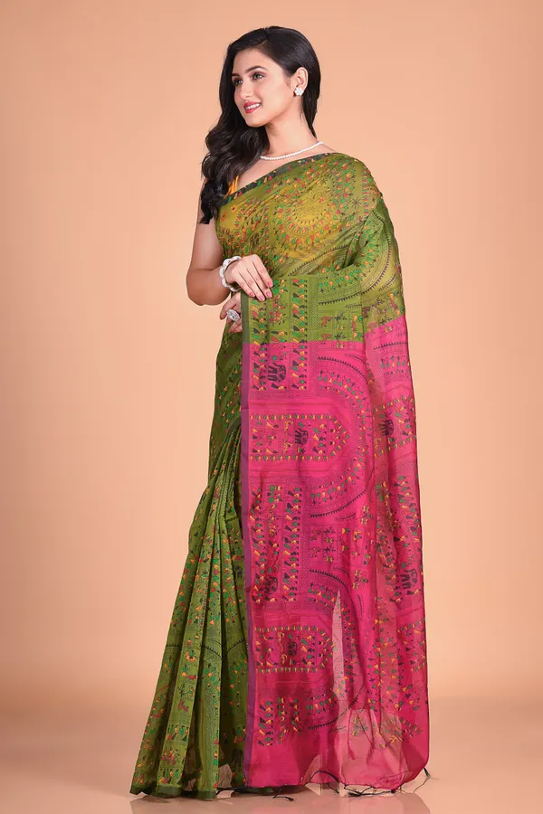 Pesta_And_Pink_Handloom_Cotton_Silk_Premium_Quality_Madhubani_Print_Soft_Saree