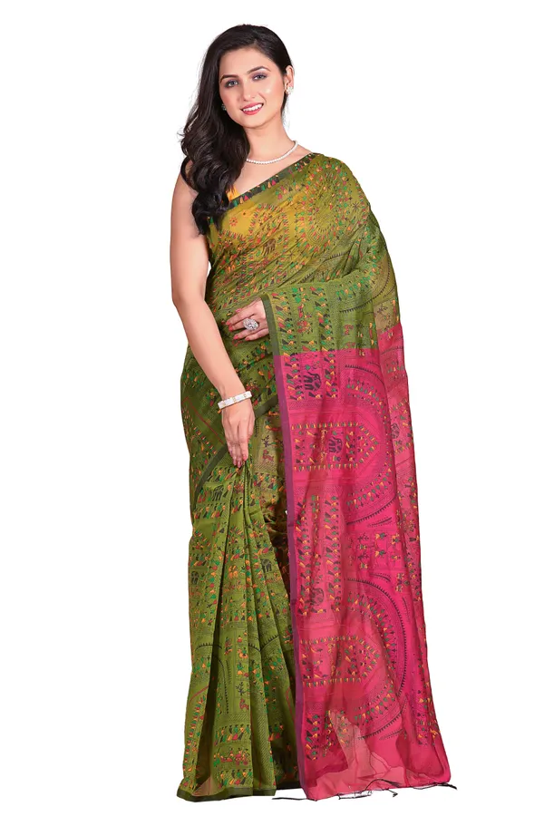 Pesta_And_Pink_Handloom_Cotton_Silk_Premium_Quality_Madhubani_Print_Soft_Saree