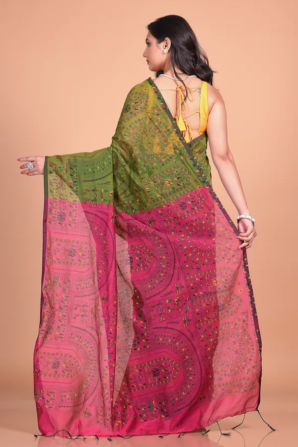 Pesta_And_Pink_Handloom_Cotton_Silk_Premium_Quality_Madhubani_Print_Soft_Saree