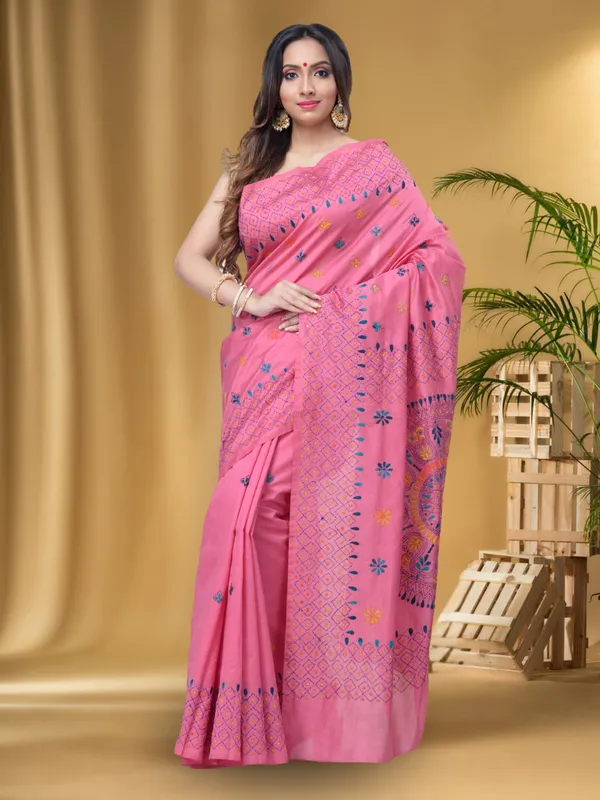 Pink_Premium_Quality_Assam_Slik_Hand_Kantha_Stitch_Sarees_For_Women_With_Running_Blouse_Piece