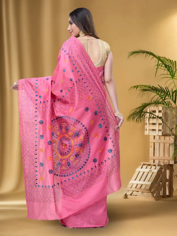 Pink_Premium_Quality_Assam_Slik_Hand_Kantha_Stitch_Sarees_For_Women_With_Running_Blouse_Piece