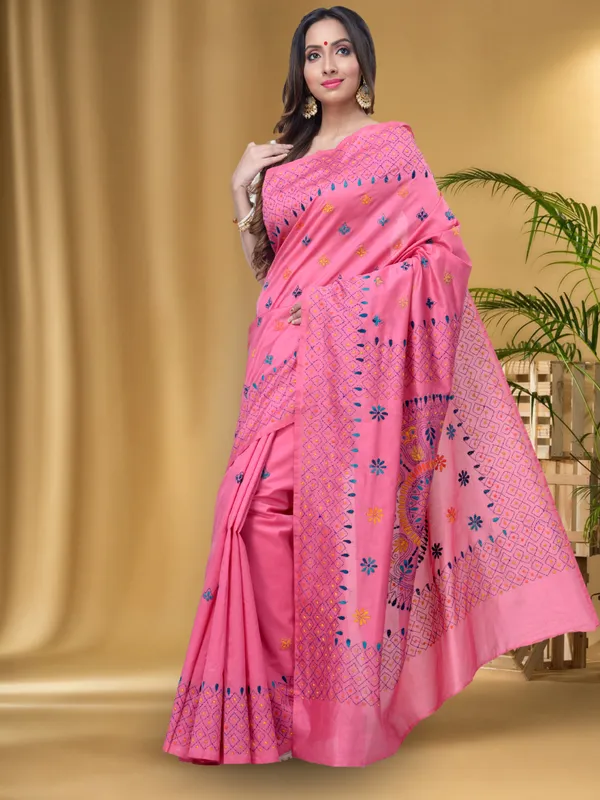 Pink_Premium_Quality_Assam_Slik_Hand_Kantha_Stitch_Sarees_For_Women_With_Running_Blouse_Piece