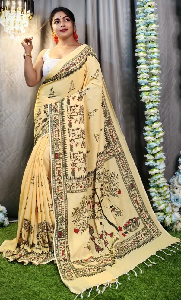 Yellow_Authentic_Handloom_Cotton_Saree_with_Exquisite_Madhubani_Print_&_Blouse_Piece