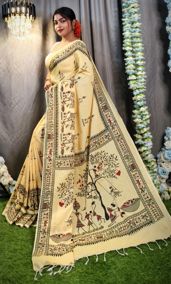Yellow_Authentic_Handloom_Cotton_Saree_with_Exquisite_Madhubani_Print_&_Blouse_Piece