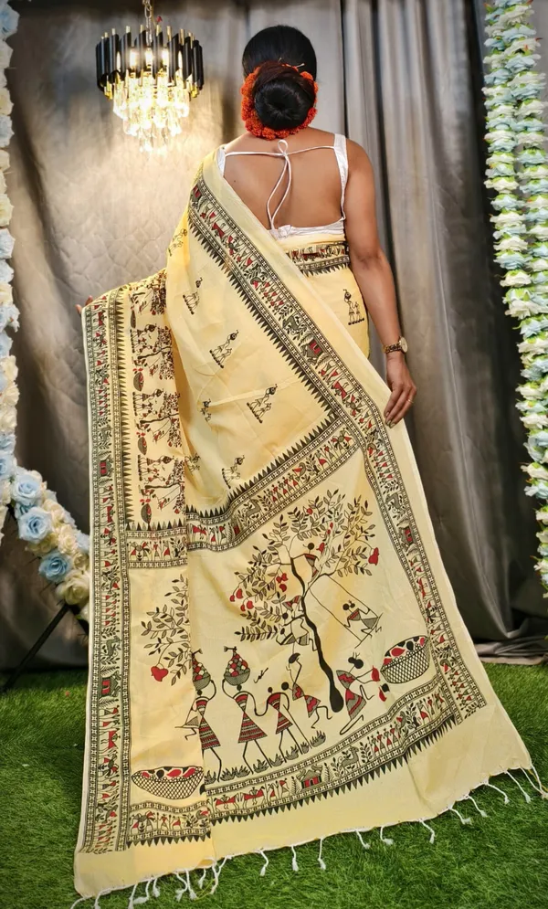 Yellow_Authentic_Handloom_Cotton_Saree_with_Exquisite_Madhubani_Print_&_Blouse_Piece