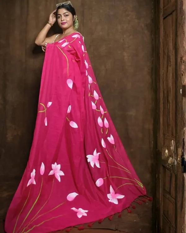 Puja_Special_Pink_Pure_Cotton_Handloom_Hand_Print_Saree_for_Women_with_Blouse_Piece_|_Traditional_Festive_Saree_|_6.3_Meters