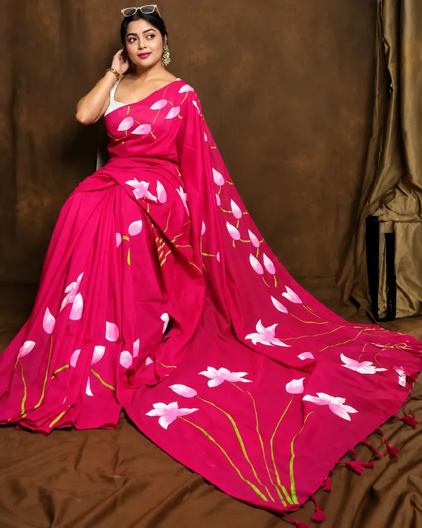 Puja_Special_Pink_Pure_Cotton_Handloom_Hand_Print_Saree_for_Women_with_Blouse_Piece_|_Traditional_Festive_Saree_|_6.3_Meters