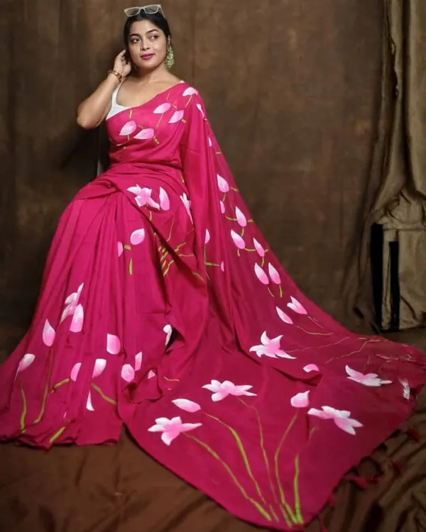 Puja_Special_Pink_Pure_Cotton_Handloom_Hand_Print_Saree_for_Women_with_Blouse_Piece_|_Traditional_Festive_Saree_|_6.3_Meters