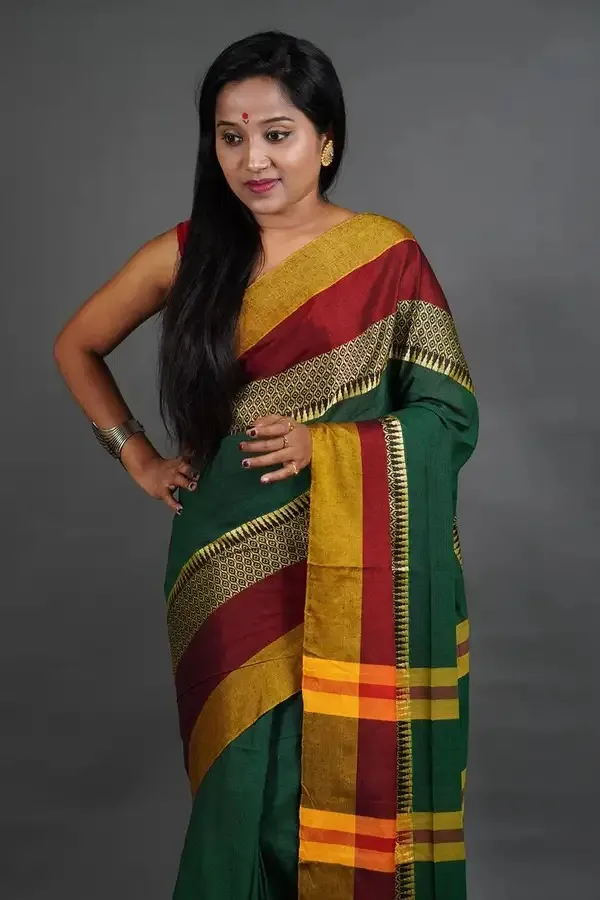 Green_Authentic_Bengal_Handloom_Khaadi_Cotton_Designer_Border_Saree_With_Running_Blouse_Piece_