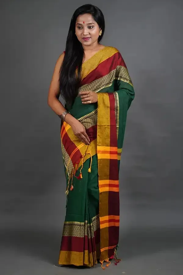 Green_Authentic_Bengal_Handloom_Khaadi_Cotton_Designer_Border_Saree_With_Running_Blouse_Piece_