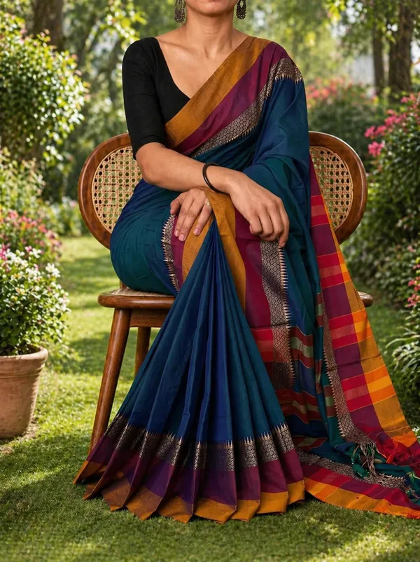 Blue_Self_Work_Border_100%_Pure_Cotton_Handloom_Saree_With_Running_Blouse_Piece