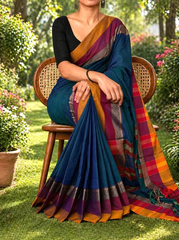 Blue_Self_Work_Border_100%_Pure_Cotton_Handloom_Saree_With_Running_Blouse_Piece