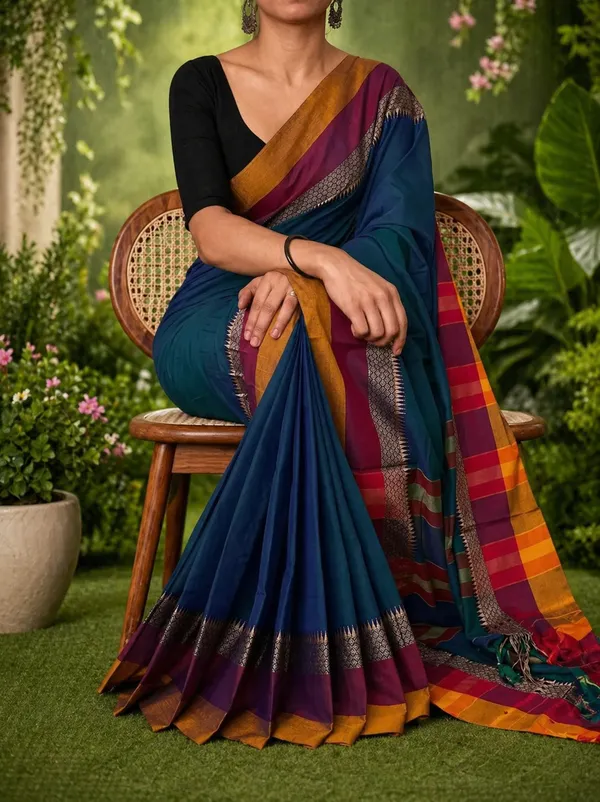 Blue_Self_Work_Border_100%_Pure_Cotton_Handloom_Saree_With_Running_Blouse_Piece