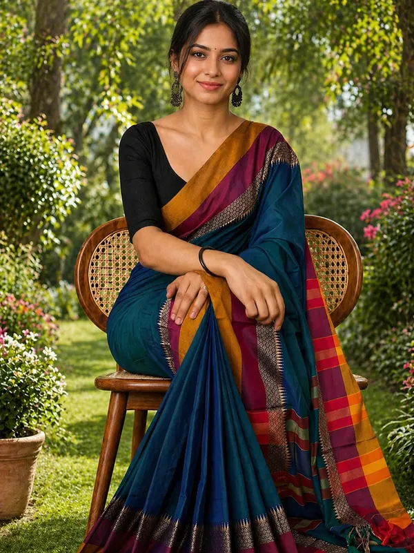 Blue_Self_Work_Border_100%_Pure_Cotton_Handloom_Saree_With_Running_Blouse_Piece