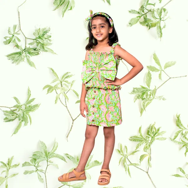 Green_Co-ord_Set_for_Girls_|_Printed_Cotton_Skirt_And_Bow_Top