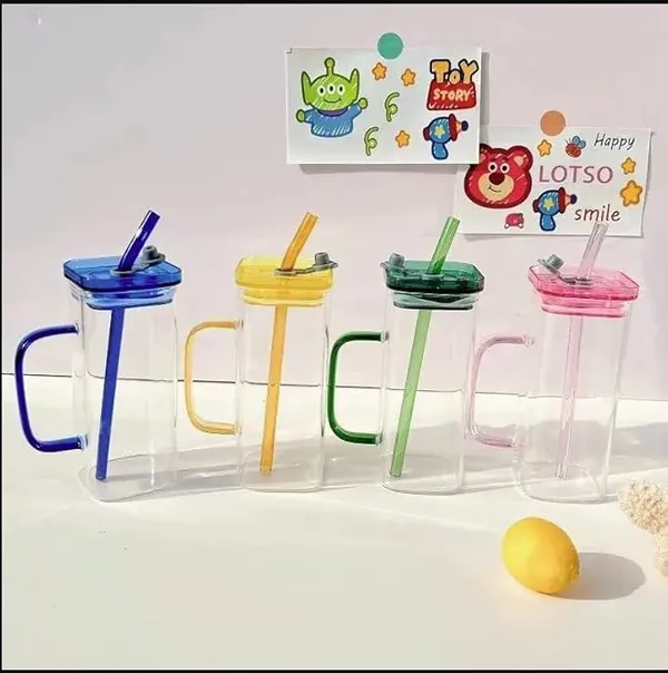 Glass_Cups__with_Straw_Wide_Mouth_Mason_Jar_Drinking_Glasses_with_Lids_&_Straws_&_Square_Color_Handle_Cup,Beer_Glasses,_Iced_Coffee_Glasses,_Ideal_for_Cocktail,_Whiskey,_Gift.380ml_(_Multicolor)