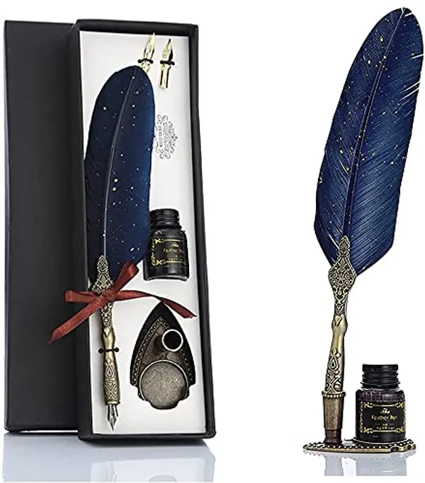 Luxury_Feather_Quill_Dip_Pen_Set,_Includes_2_Extra_Nibs_&_Stand,_Black_Ink,_Vintage_Calligraphy_Set_for_Signature_&_Art,_Ideal_Gift_for_Writers_&_Artists_(Glittery_Blue)