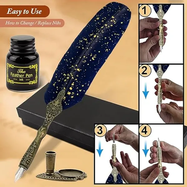 Luxury_Feather_Quill_Dip_Pen_Set,_Includes_2_Extra_Nibs_&_Stand,_Black_Ink,_Vintage_Calligraphy_Set_for_Signature_&_Art,_Ideal_Gift_for_Writers_&_Artists_(Glittery_Blue)