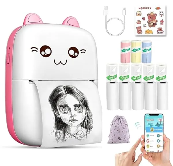 Mini_Bluetooth_Thermal_Printer,(1Year_Warranty)_Portable_Label_Printer_Inkfree_Printer_for_Android_&_iOS_System,_USB_Chargeable_,_Black_on_White__Roll_of_Print_Paper,_Stickers,_Multicolor
