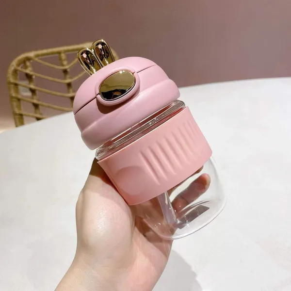 Rabbit_Shape_Glass_360_ml_Water_Bottle,_Coffee_Cup_and_Juice_Mug_with_Lid_&_Straw,_Anti-Slip_Silicone_Band,_Leak-Proof_Travel_Cup_Sipper_Bottle_(Multicolor)