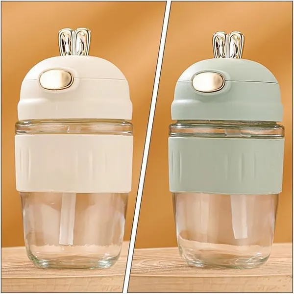Rabbit_Shape_Glass_360_ml_Water_Bottle,_Coffee_Cup_and_Juice_Mug_with_Lid_&_Straw,_Anti-Slip_Silicone_Band,_Leak-Proof_Travel_Cup_Sipper_Bottle_(Multicolor)